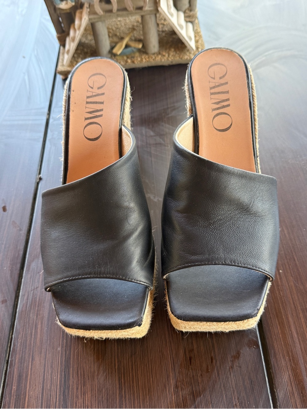 Gaimo Black Leather Slide Espadrille Wedge